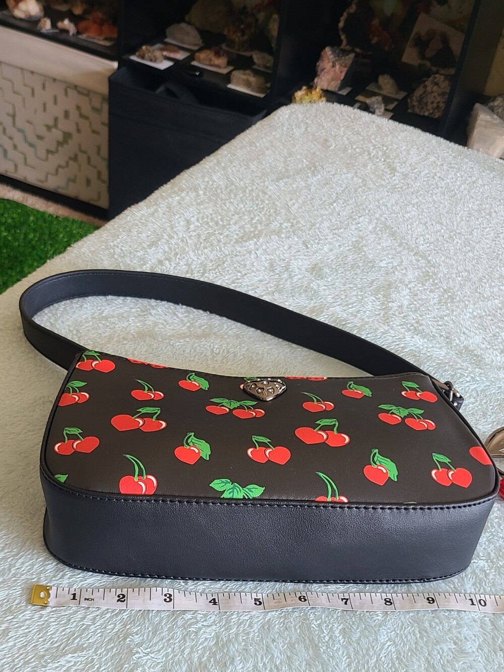 Betsey Johnson Black Cherry Print Crossbody Bag with Red Charm - Picture 9 of 14